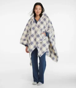 Cheap L.L.Bean "Cozy Sherpa Wearable Throw, Plaid" Cream/IndigoGray