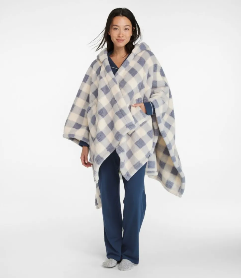 Cheap L.L.Bean "Cozy Sherpa Wearable Throw, Plaid" Cream/IndigoGray