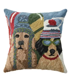 Clearance L.L.Bean "Indoor/Outdoor Hooked Pillow, Dogs Skiing" Multi