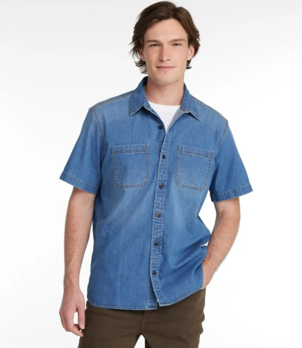 Cheap L.L.Bean "Men's BeanFlex® Denim Shirt, Short-Sleeve, Traditional Untucked Fit"