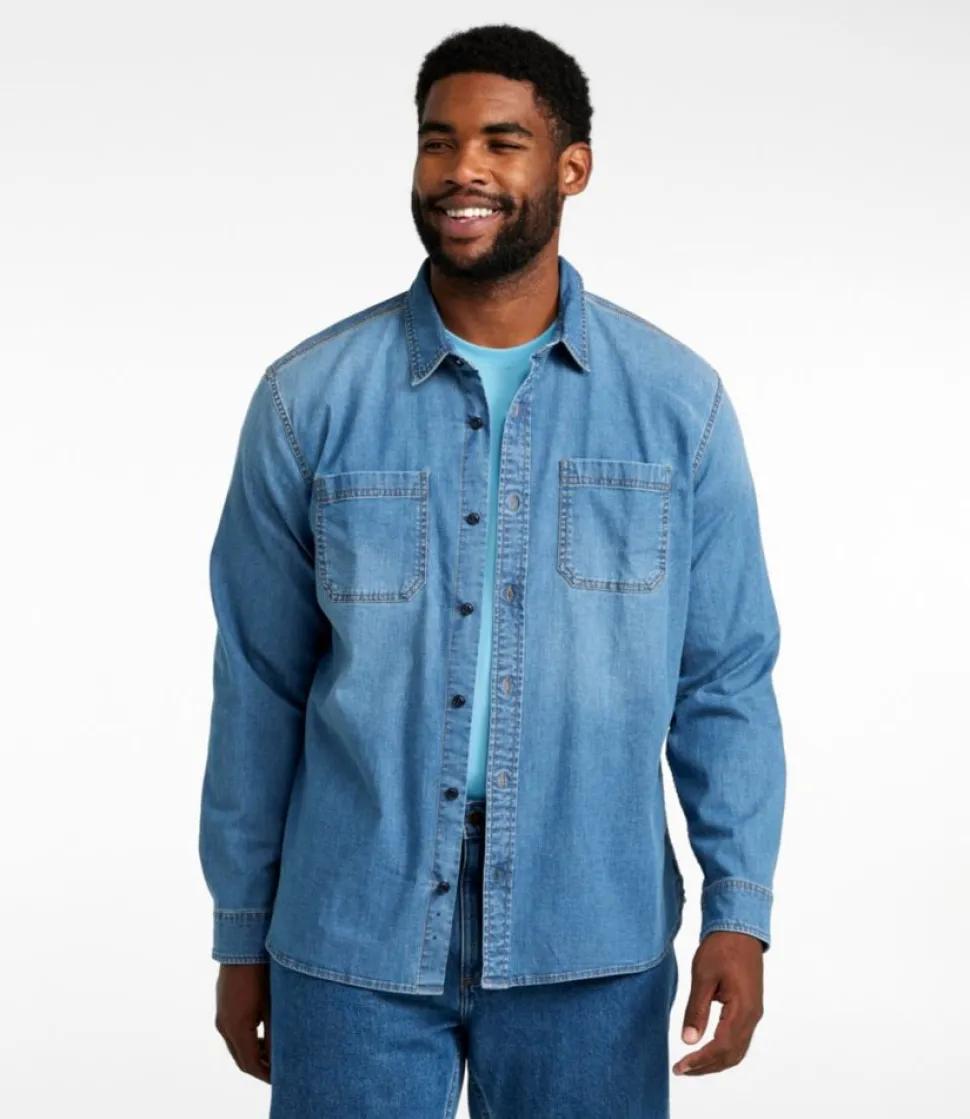 Cheap L.L.Bean "Men's BeanFlex® Denim Shirt, Slightly Fitted Untucked Fit, Long-Sleeve"