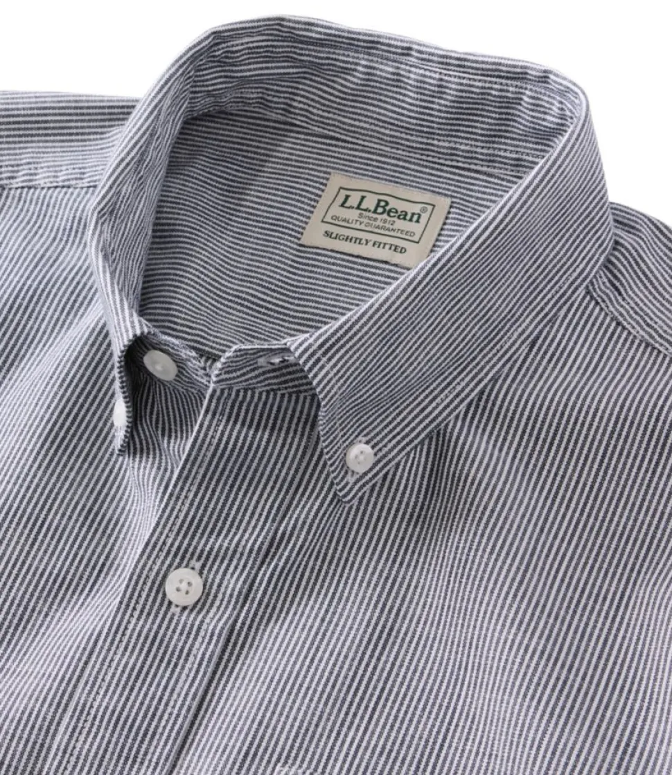Cheap L.L.Bean "Men's Comfort Stretch Chambray Shirt, Slightly Fitted Untucked Fit, Short-Sleeve, Stripe" ClassicNavy