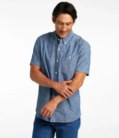 Best Sale L.L.Bean "Men's Comfort Stretch Chambray Shirt, Slightly Fitted Untucked Fit, Short-Sleeve"