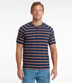 Best Sale L.L.Bean "Men's Comfort Stretch Pima Tee Shirt, Short-Sleeve Henley, Stripe" ClassicNavy