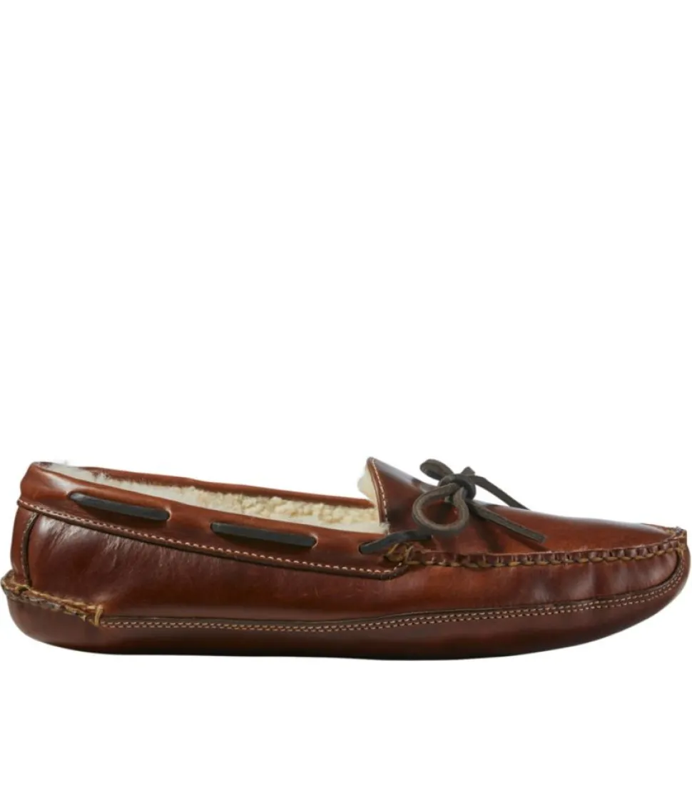 New L.L.Bean "Men's Leather Double-Sole Slippers, Shearling-Lined" Brown