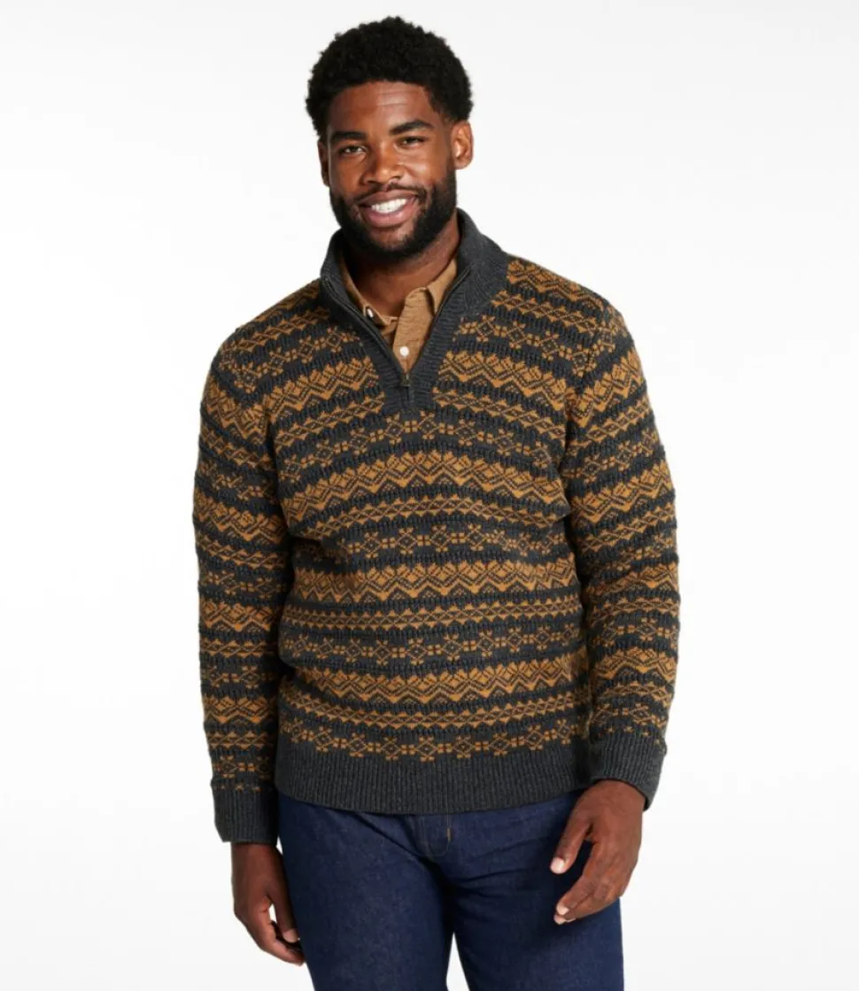 Fashion L.L.Bean "Men's Organic Cotton Waffle Sweater, Quarter-Zip, Fair Isle" FadedBlack/GlazedGinger