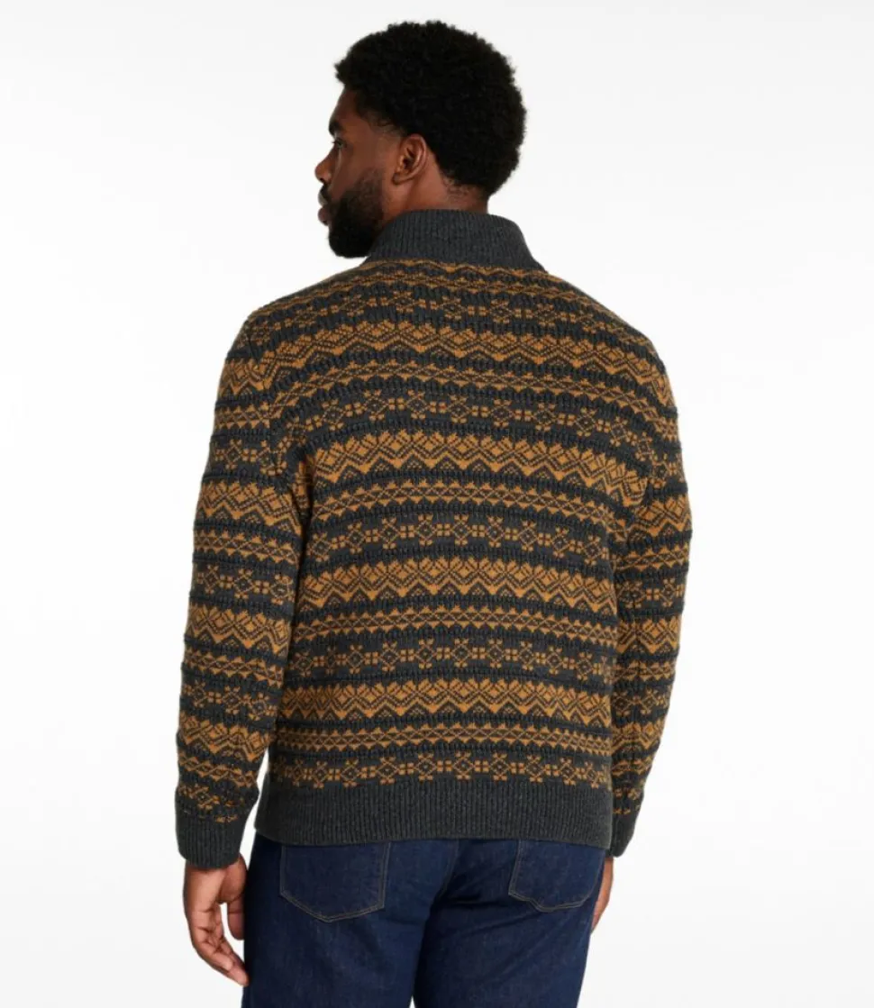 Fashion L.L.Bean "Men's Organic Cotton Waffle Sweater, Quarter-Zip, Fair Isle" FadedBlack/GlazedGinger
