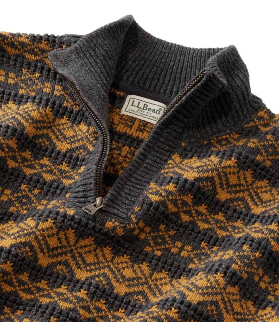 Fashion L.L.Bean "Men's Organic Cotton Waffle Sweater, Quarter-Zip, Fair Isle" FadedBlack/GlazedGinger