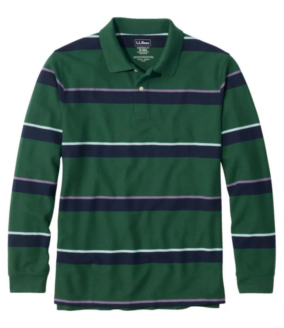 Flash Sale L.L.Bean "Men's Premium Double L® Polo, Long-Sleeve Without Pocket, Stripe" DeepGreen
