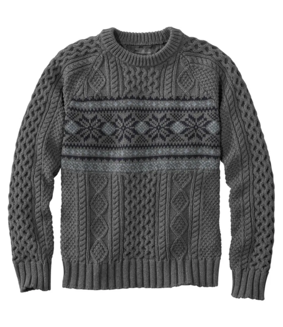 Discount L.L.Bean "Men's Signature Cotton Fisherman Sweater, Crewneck, Fair Isle" LightGrayHeatherFairIsle