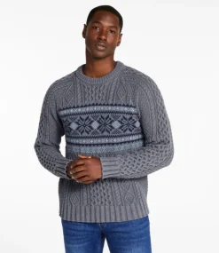 Discount L.L.Bean "Men's Signature Cotton Fisherman Sweater, Crewneck, Fair Isle" LightGrayHeatherFairIsle