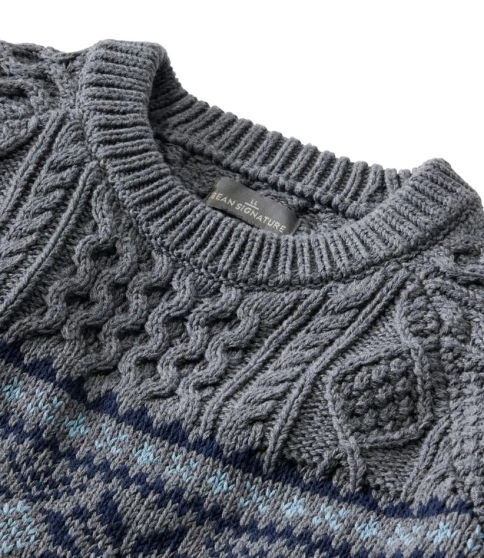Discount L.L.Bean "Men's Signature Cotton Fisherman Sweater, Crewneck, Fair Isle" LightGrayHeatherFairIsle