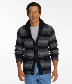 New L.L.Bean "Men's Signature Cotton Fisherman Sweater, Shawl-Collar Cardigan, Stripe" FadedBlackStripe
