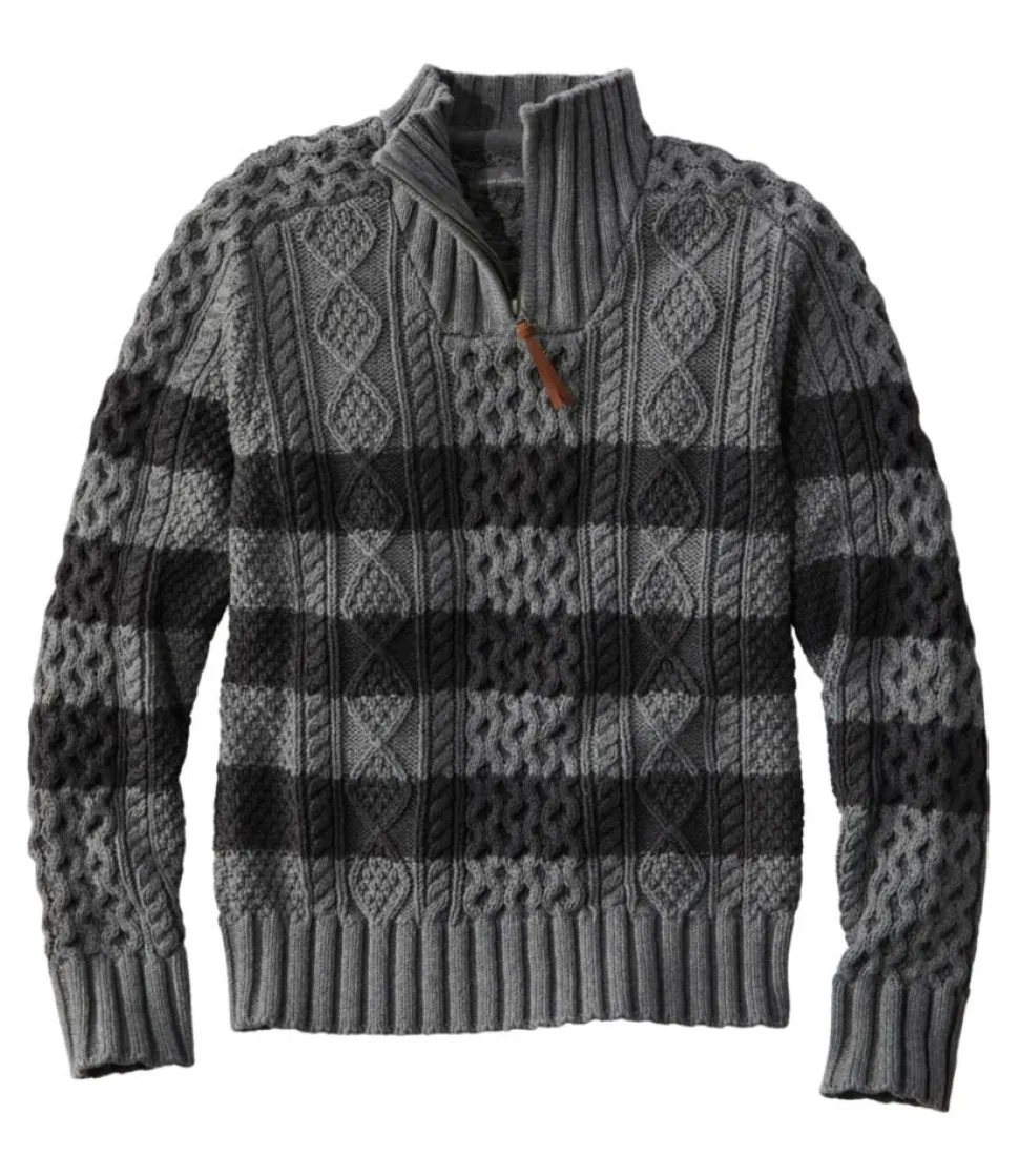 Cheap L.L.Bean "Men's Signature Cotton Fisherman Sweater, Quarter-Zip, Stripe" GrayHeather