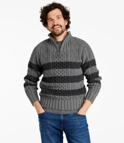 Cheap L.L.Bean "Men's Signature Cotton Fisherman Sweater, Quarter-Zip, Stripe" GrayHeather