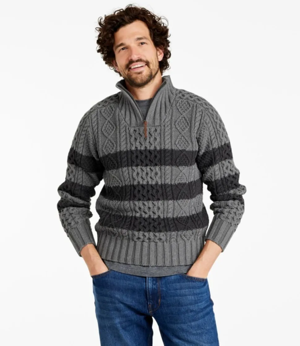 Cheap L.L.Bean "Men's Signature Cotton Fisherman Sweater, Quarter-Zip, Stripe" GrayHeather