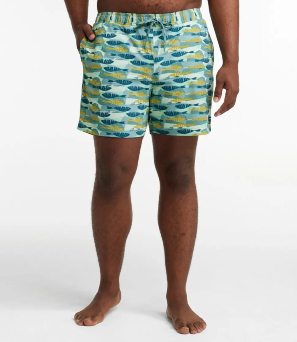 Sale L.L.Bean "Men's Vacationland Stretch Swim Trunks, Print, 6"" DeepwaterBlueTropical