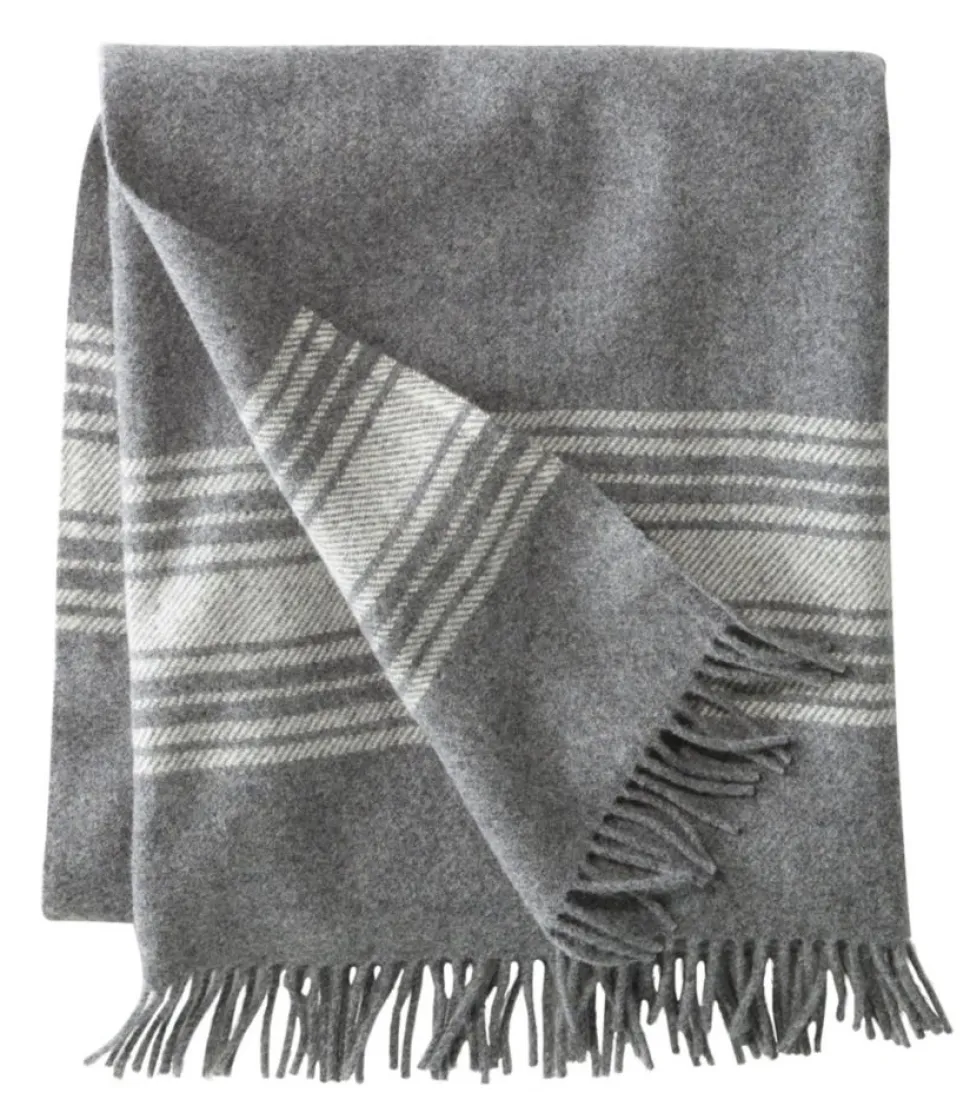 Hot L.L.Bean "Washable Wool Throw, Striped" DarkGrayHeather/Cream