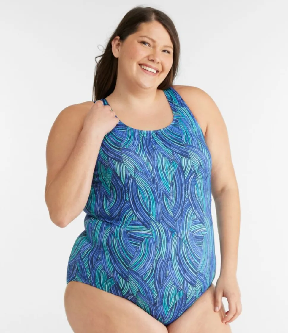 Fashion L.L.Bean "Women's BeanSport Swimwear, Scoopneck Tanksuit Print" CobaltPetalMulti