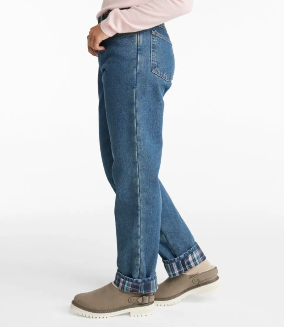 Best Sale L.L.Bean "Women's Double L® Jeans, Ultra High-Rise Comfort Waist Tapered Leg Flannel-Lined" DarkIndigoPlaid