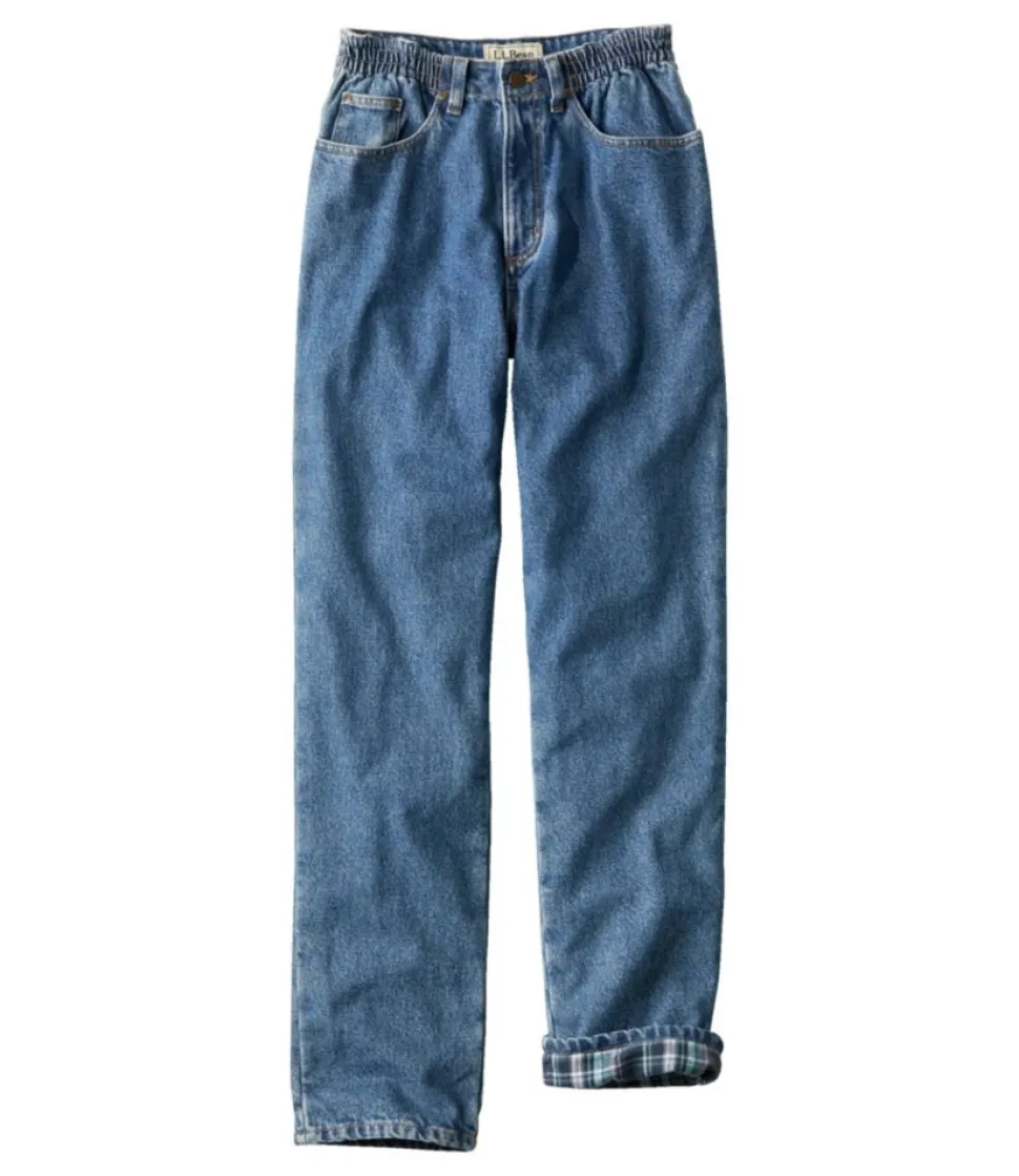 Best Sale L.L.Bean "Women's Double L® Jeans, Ultra High-Rise Comfort Waist Tapered Leg Flannel-Lined" DarkIndigoPlaid
