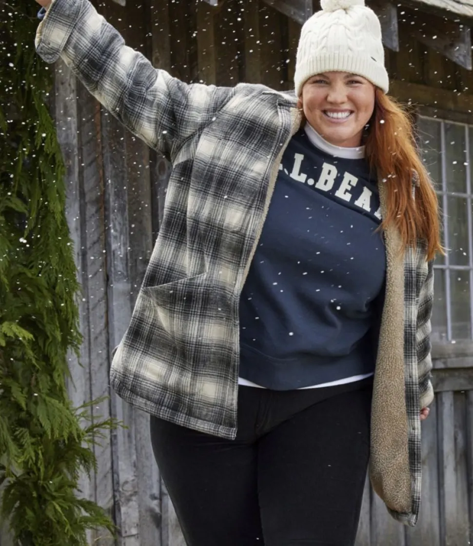 Fashion L.L.Bean "Women's Heritage Chamois Shirt, Sherpa-Lined Shacket Pattern" OceanBluePlaid