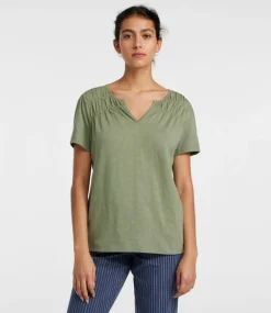 Cheap L.L.Bean "Women's Organic Cotton Tee, Smocked Notch-Neck Short-Sleeve" BayLeaf