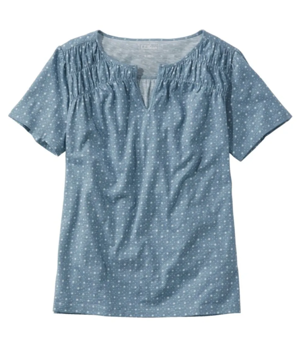 New L.L.Bean "Women's Organic Cotton Tee, Smocked Notch-Neck Short-Sleeve Print"