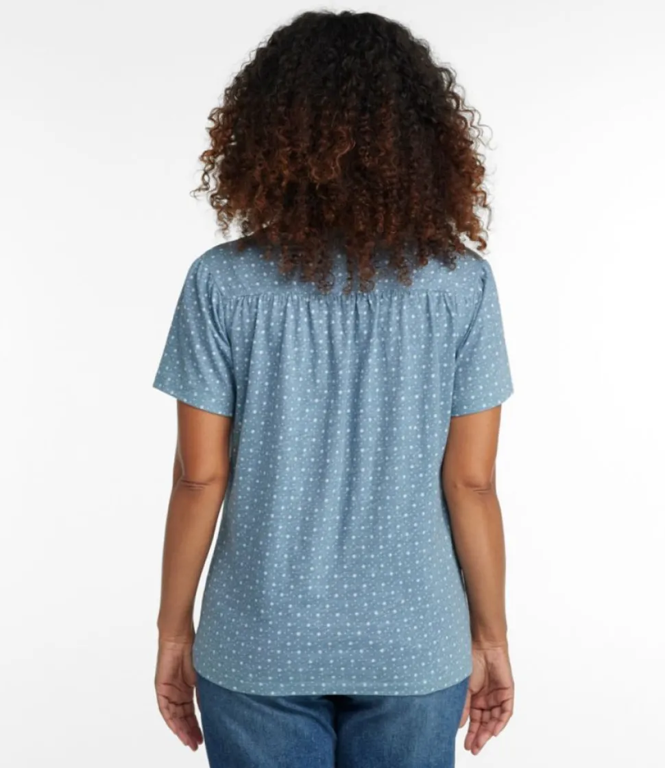 New L.L.Bean "Women's Organic Cotton Tee, Smocked Notch-Neck Short-Sleeve Print"