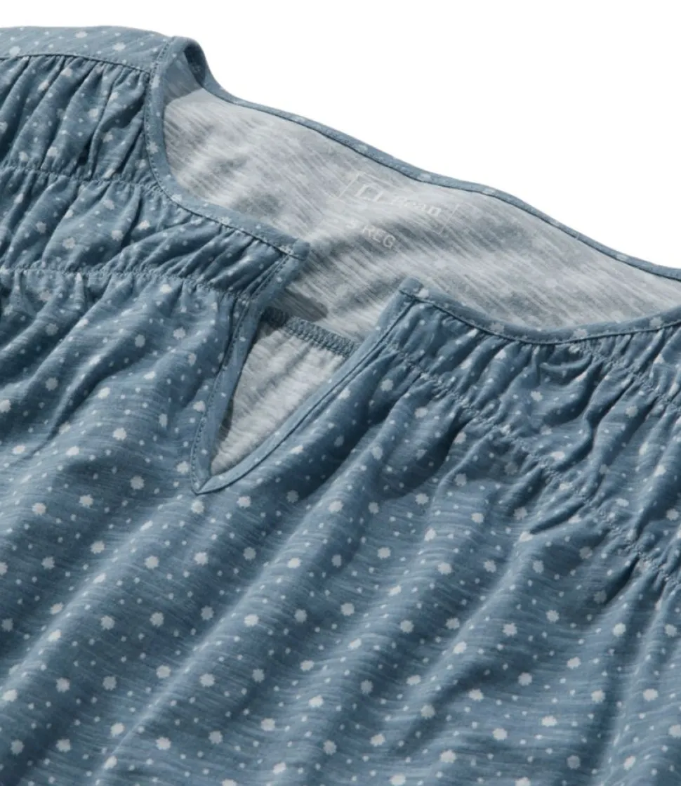 New L.L.Bean "Women's Organic Cotton Tee, Smocked Notch-Neck Short-Sleeve Print"