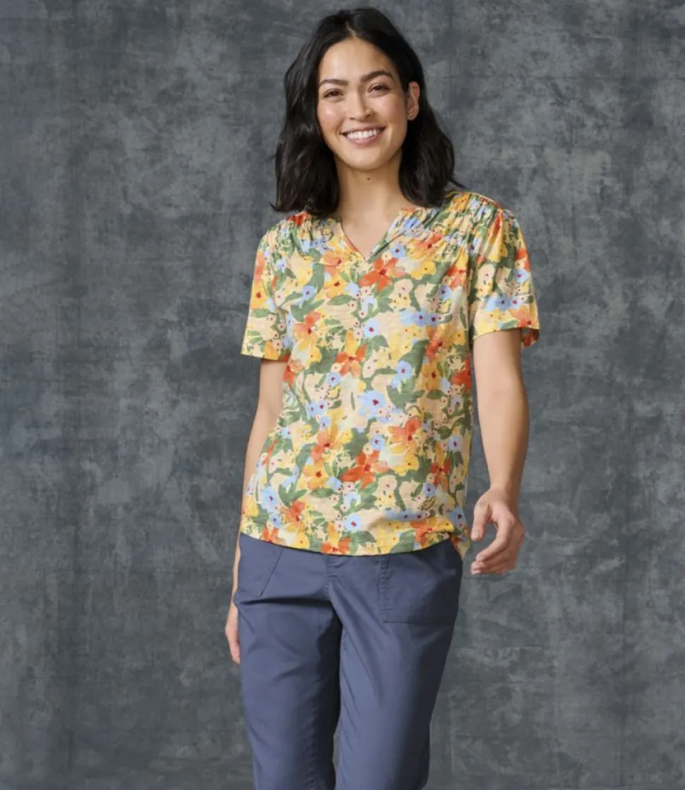New L.L.Bean "Women's Organic Cotton Tee, Smocked Notch-Neck Short-Sleeve Print"