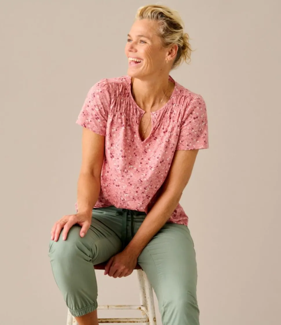 New L.L.Bean "Women's Organic Cotton Tee, Smocked Notch-Neck Short-Sleeve Print"