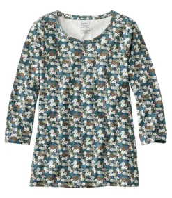 Outlet L.L.Bean "Women's Pima Cotton Shaped Jewelneck Tee, Three-Quarter-Sleeve Print"