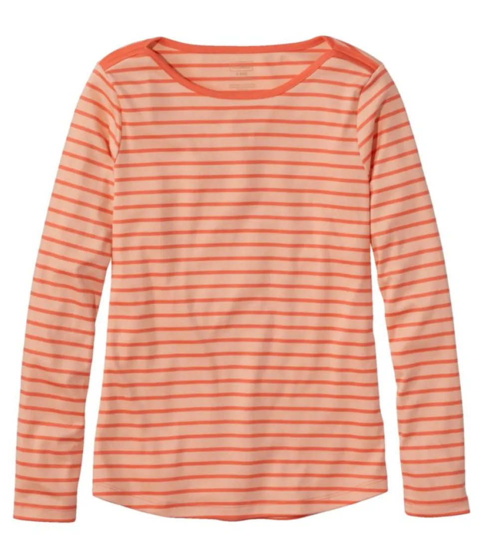 Online L.L.Bean "Women's Pima Cotton Shaped Tee, Long-Sleeve Boatneck Stripe" SunrisePeach/MaritimeOrange