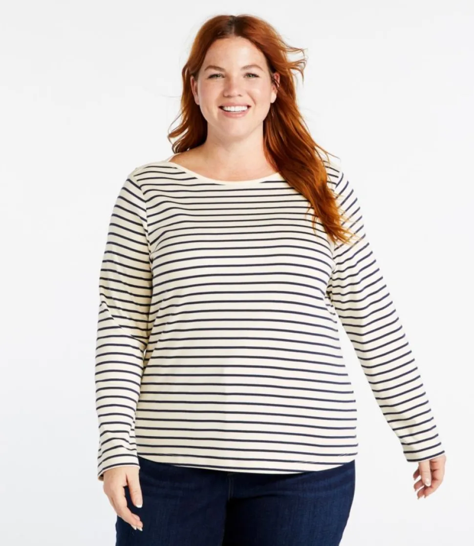 Online L.L.Bean "Women's Pima Cotton Shaped Tee, Long-Sleeve Boatneck Stripe" SunrisePeach/MaritimeOrange
