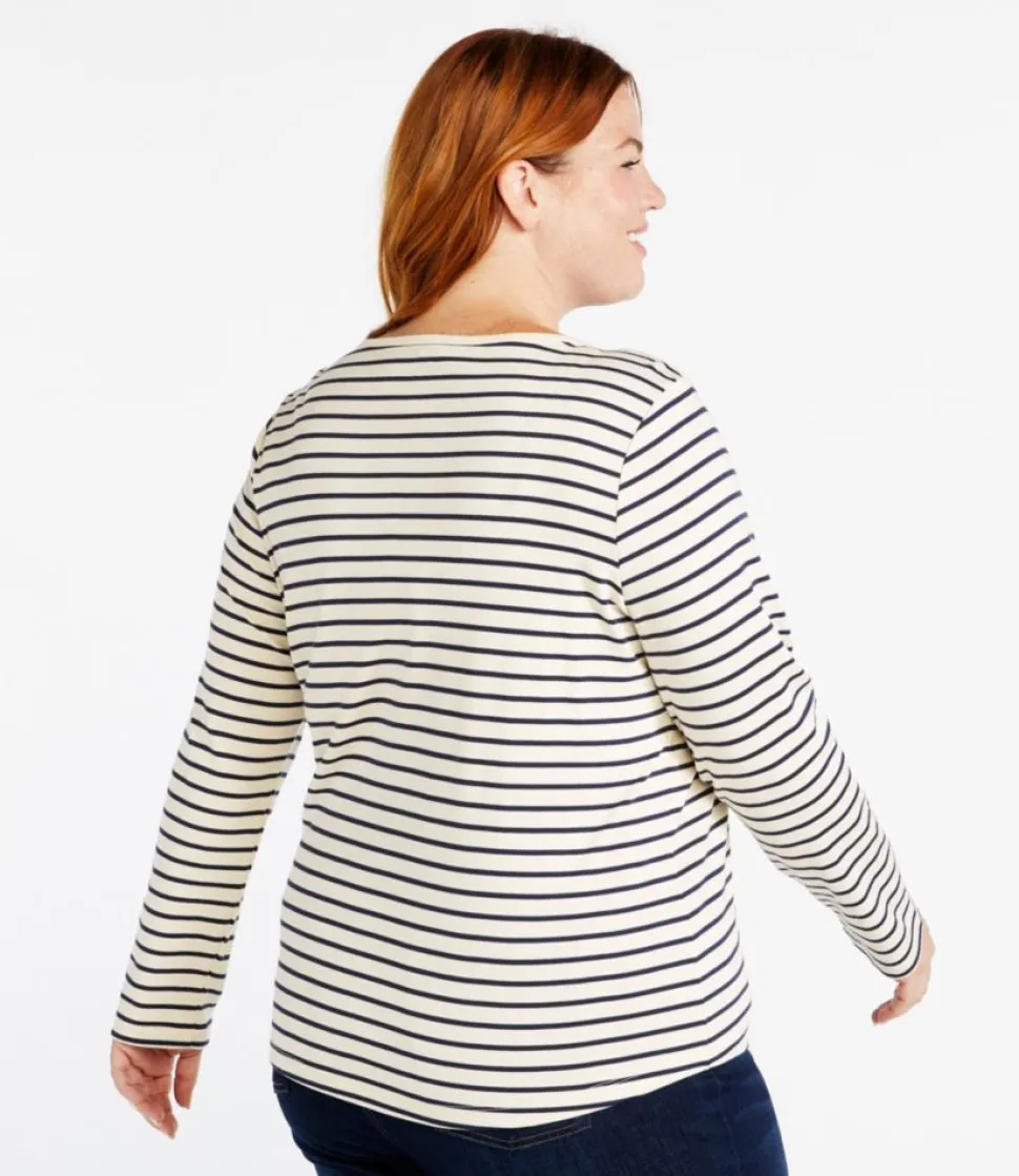 Online L.L.Bean "Women's Pima Cotton Shaped Tee, Long-Sleeve Boatneck Stripe" SunrisePeach/MaritimeOrange