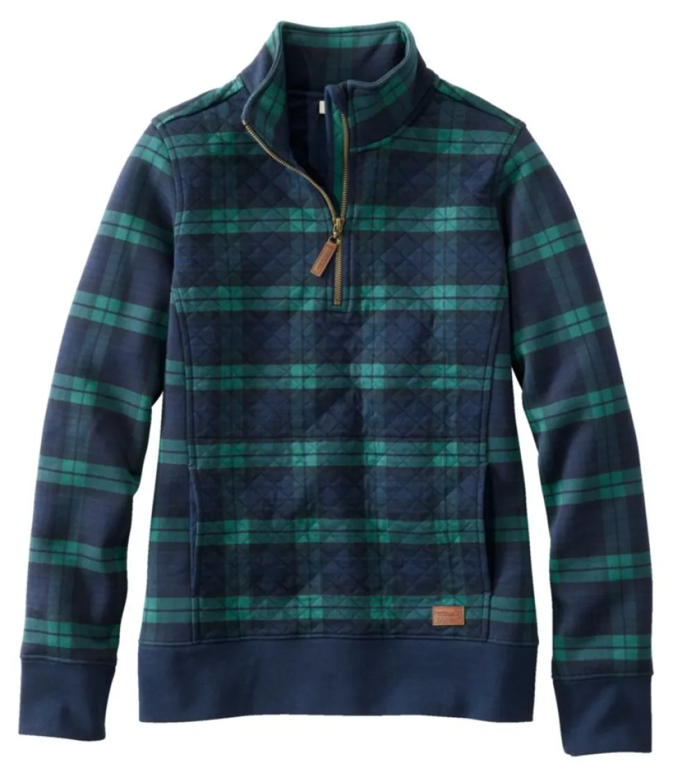Flash Sale L.L.Bean "Women's Quilted Quarter-Zip Pullover, Print" BlackwatchPlaid