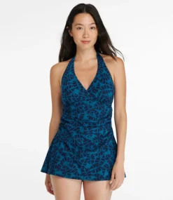 Sale L.L.Bean "Women's Shaping Swimwear, Clasp Halter Dress Print" DeepwaterBluePalm