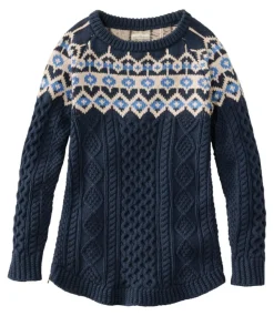 Fashion L.L.Bean "Women's Signature Cotton Fisherman Tunic Sweater, Fair Isle" NavyFairIsle
