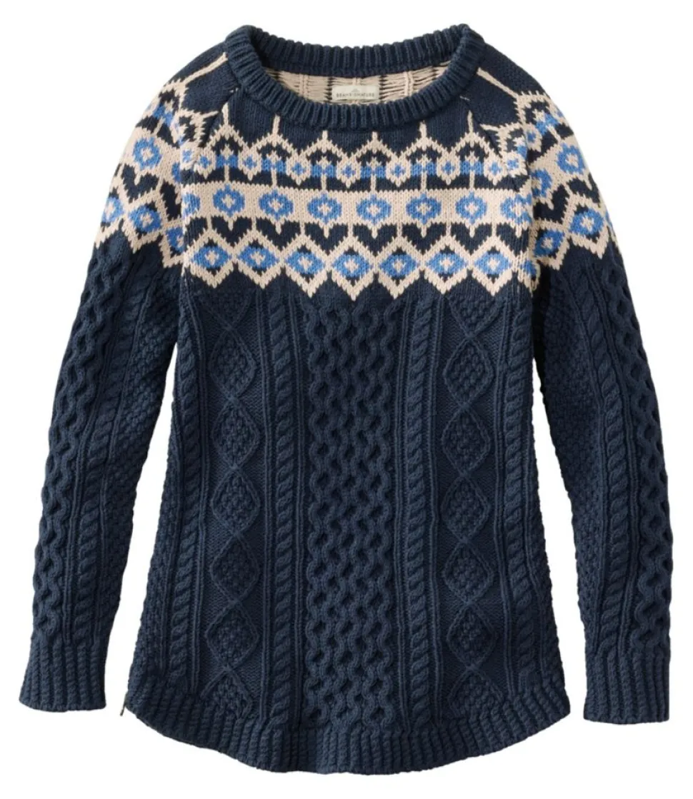 Fashion L.L.Bean "Women's Signature Cotton Fisherman Tunic Sweater, Fair Isle" NavyFairIsle