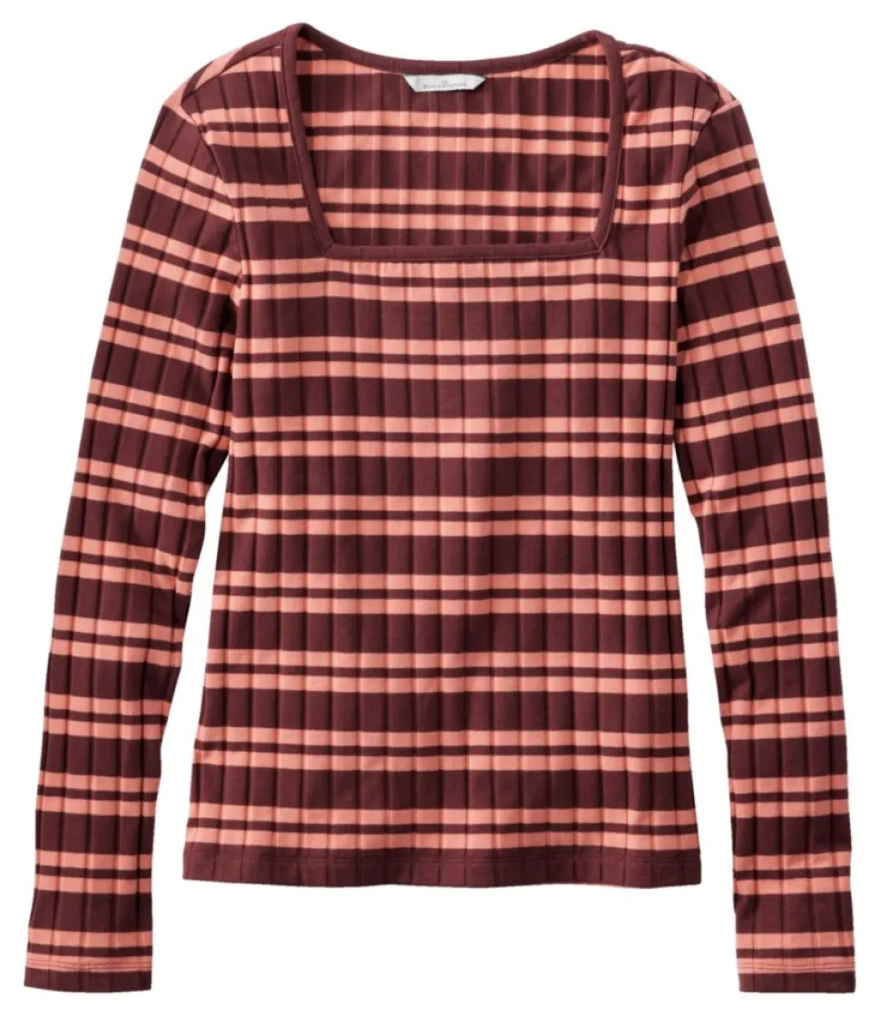 Sale L.L.Bean "Women's Signature Ribbed Square-Neck Top" LightHickoryStripe