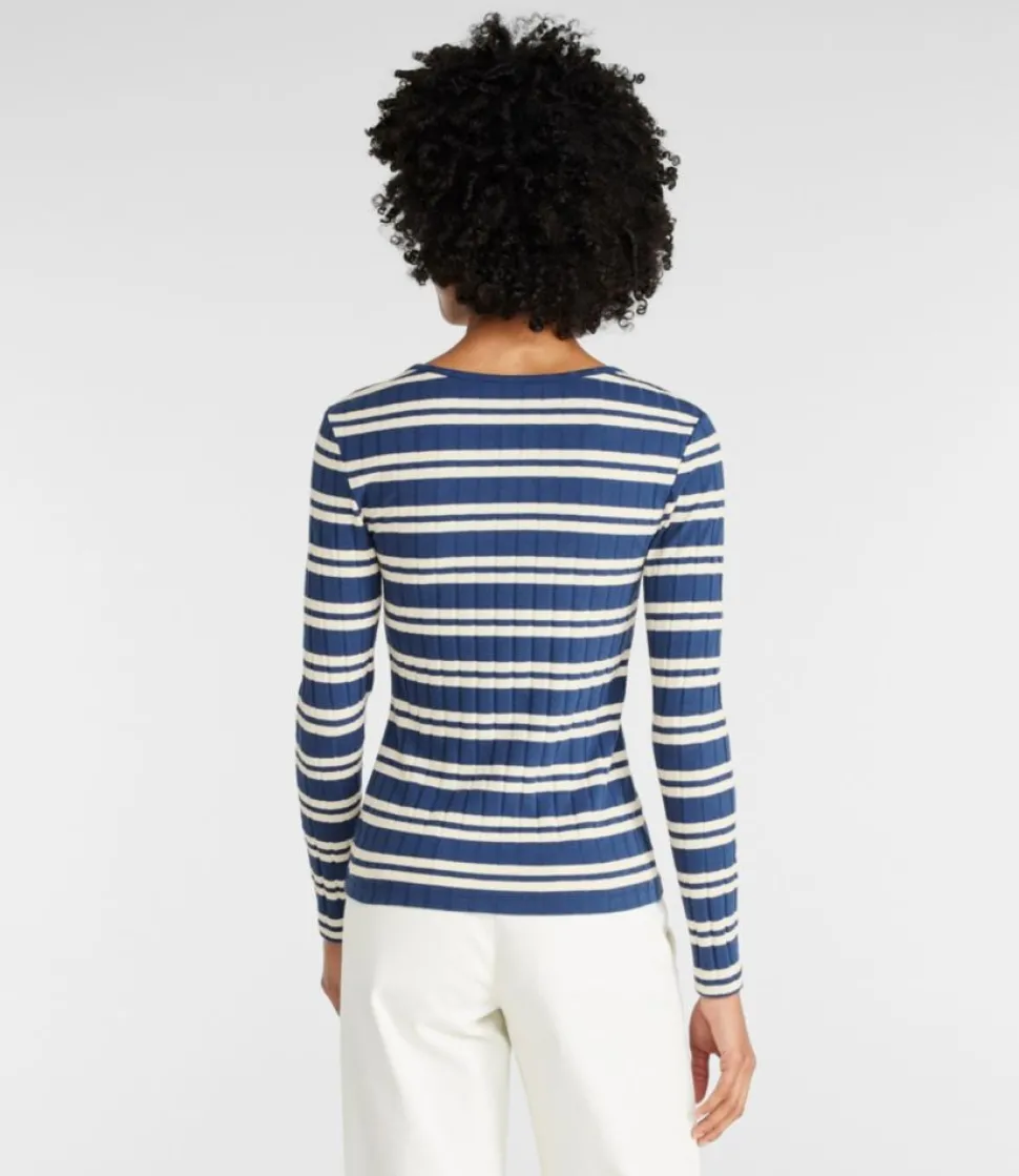 Sale L.L.Bean "Women's Signature Ribbed Square-Neck Top" LightHickoryStripe