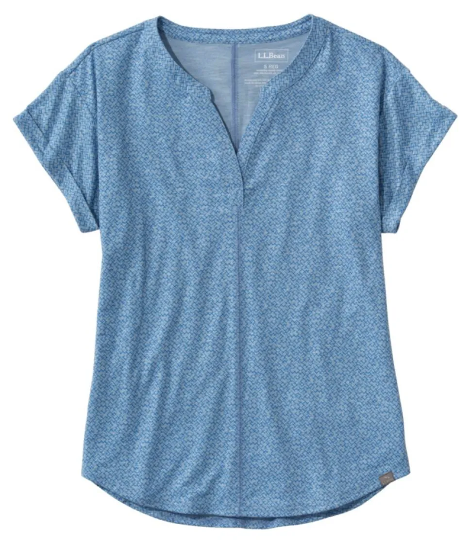 Best Sale L.L.Bean "Women's Streamside Tee, Short-Sleeve Splitneck Print" BayBlueCrossHatch