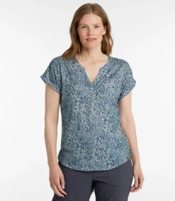 Best Sale L.L.Bean "Women's Streamside Tee, Short-Sleeve Splitneck Print" BayBlueCrossHatch