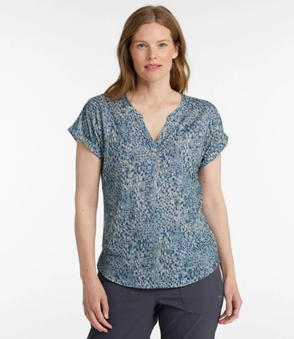 Best Sale L.L.Bean "Women's Streamside Tee, Short-Sleeve Splitneck Print" BayBlueCrossHatch