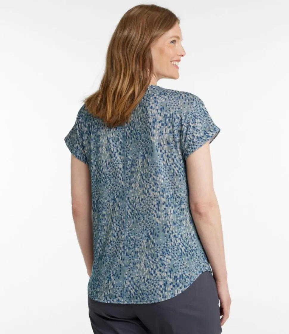 Best Sale L.L.Bean "Women's Streamside Tee, Short-Sleeve Splitneck Print" BayBlueCrossHatch