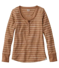 Shop L.L.Bean "Women's Unshrinkable Mini-Waffle Tee, Long-Sleeve Henley Stripe" HoneyBrownPainterlyStripe