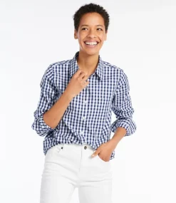Flash Sale L.L.Bean "Women's Wrinkle-Free Pinpoint Oxford Shirt, Long-Sleeve Relaxed Fit Plaid" AlpineBlue